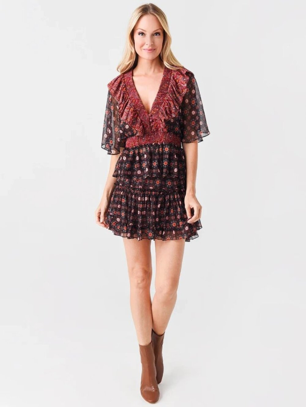 MISA LA. Marion Mini Ruffle Skirt in Black Onyx Medallion Chiffon - Picture 2 of 8